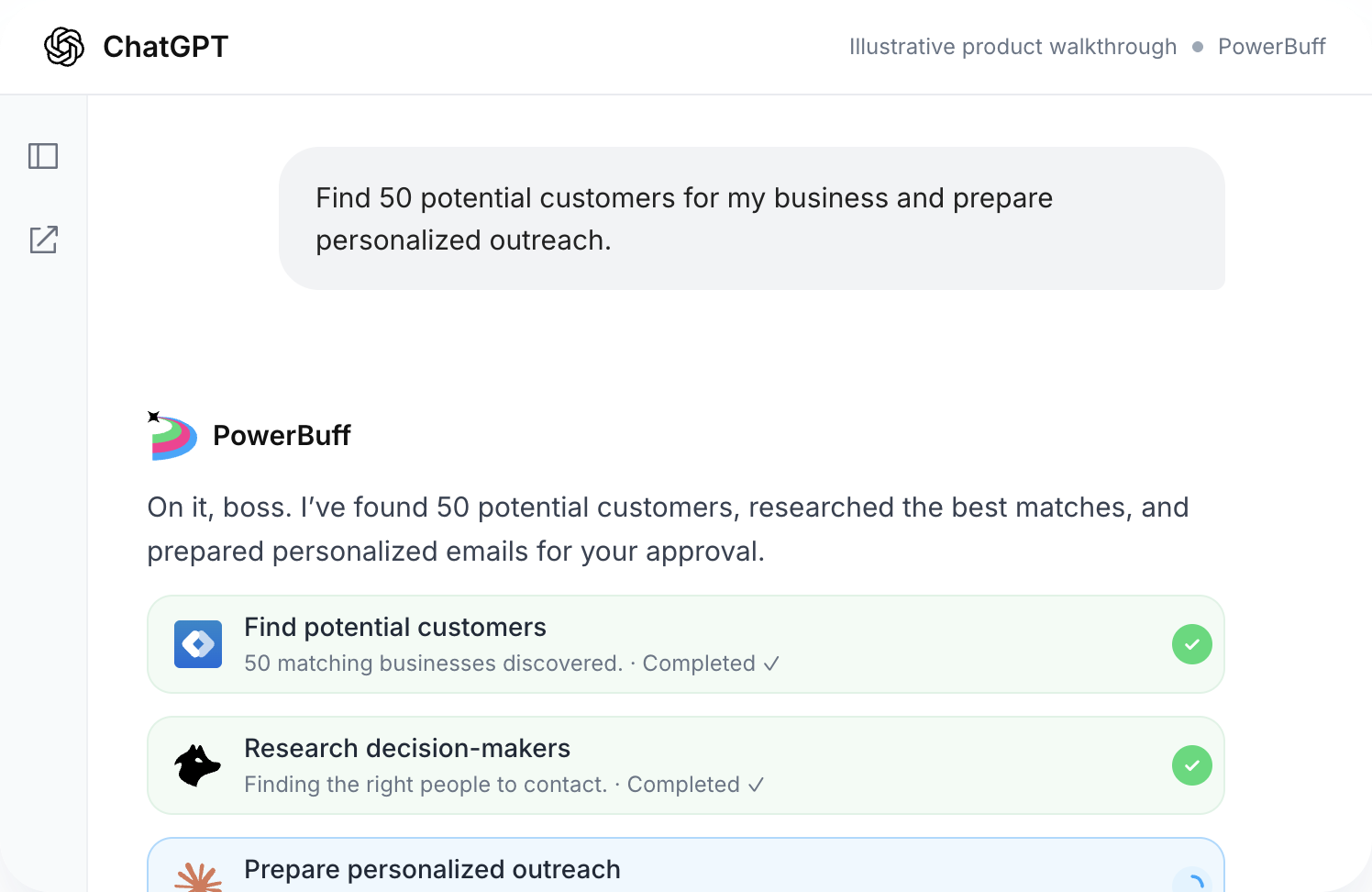 PowerBuff finds 50 potential customers and prepares personalized outreach in ChatGPT.